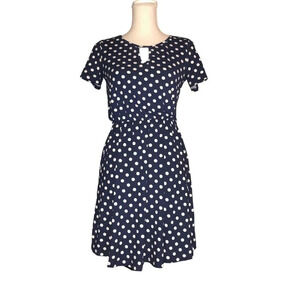FRENCH GREY Sz S Women's "Maella" Navy Blue & White Polka Dot Brushed Knit Dress